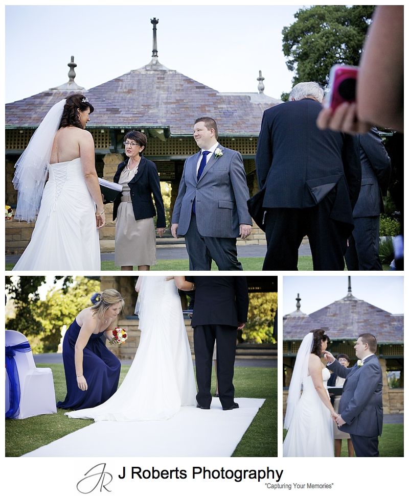 Bride and groom during ceremony at the rose gardens royal botanic gardens sydney - sydney wedding photography 